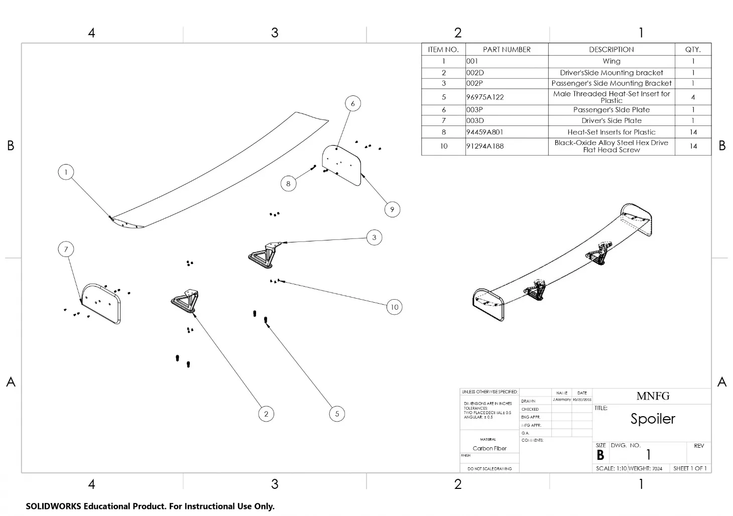 Mounting bracket drawing showing the bracket geometry and the support structure used to attach the spoiler.