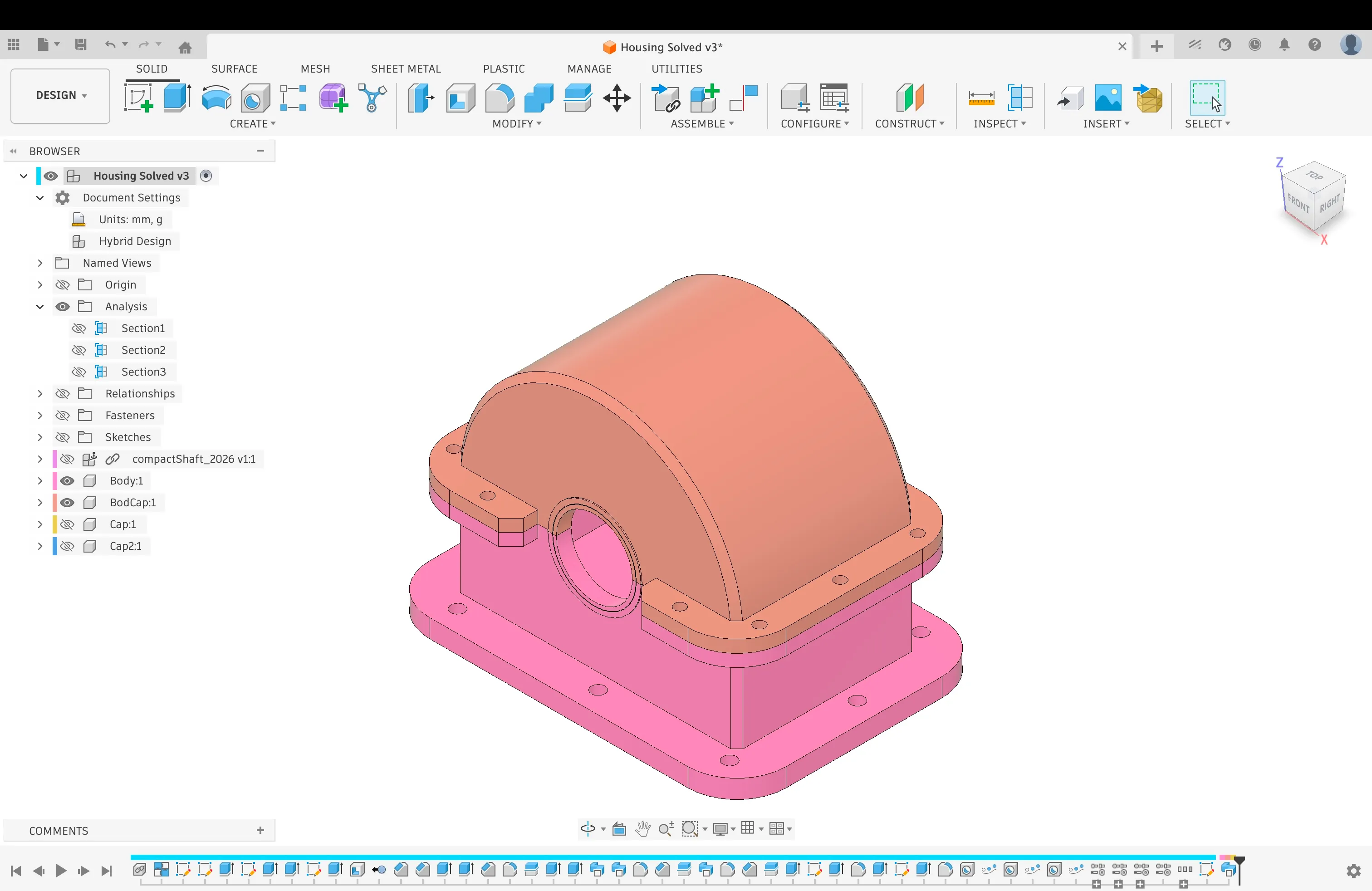 Isometric view of the completed housing with its upper cover installed.