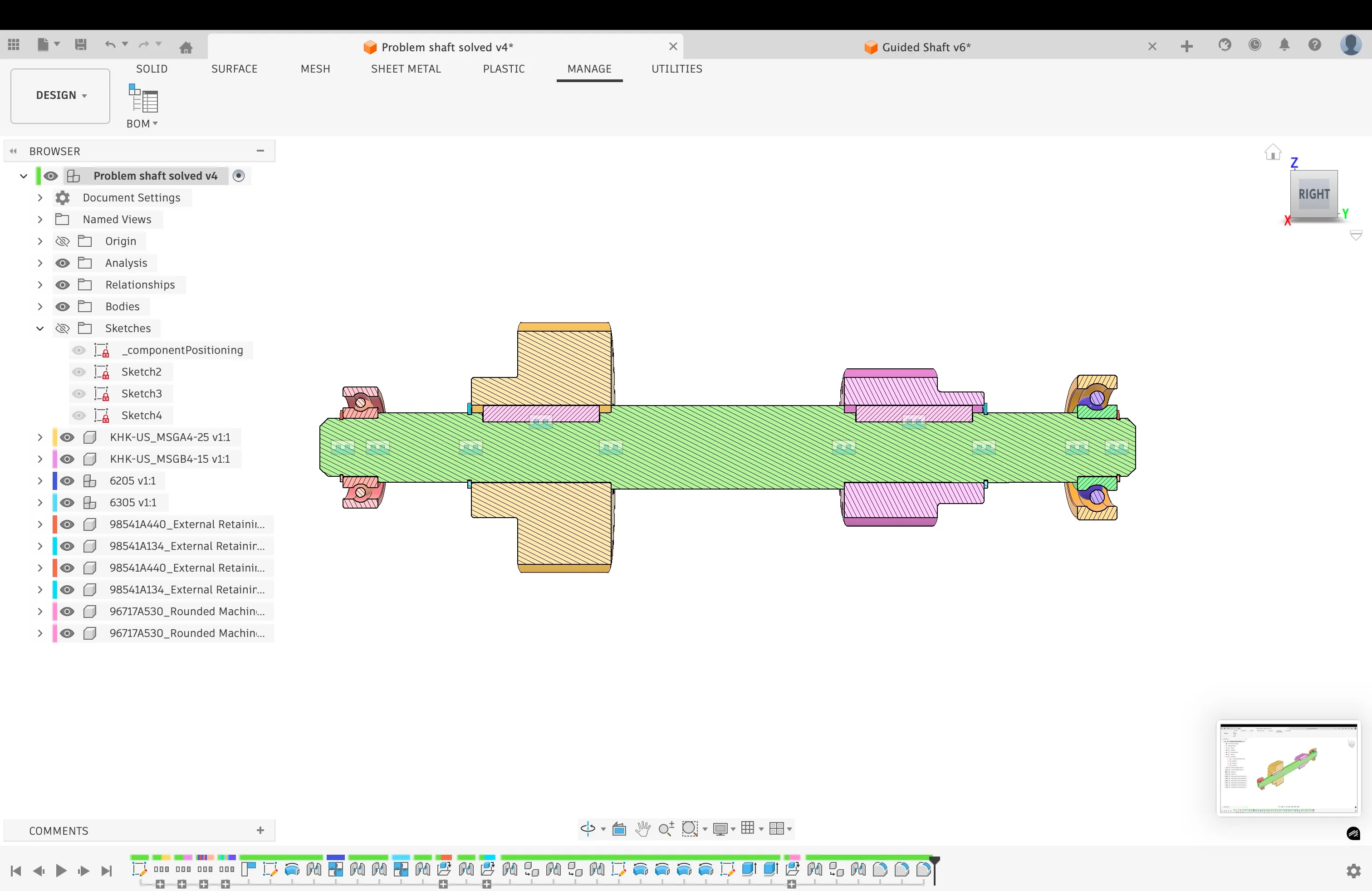 Orthographic side view of the assembled shaft and mounted components.